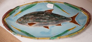 A large Victorian majolica fish dish by Joseph Holdcroft, (a.f) 68cm