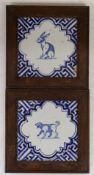 Two Delft blue and white tiles depicting a dog and a rabbit, c.1630, both individually framed,