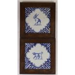 Two Delft blue and white tiles depicting a dog and a rabbit, c.1630, both individually framed,