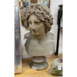 A large 19th century French glazed terracotta classical bust, height 83cm, a.f.