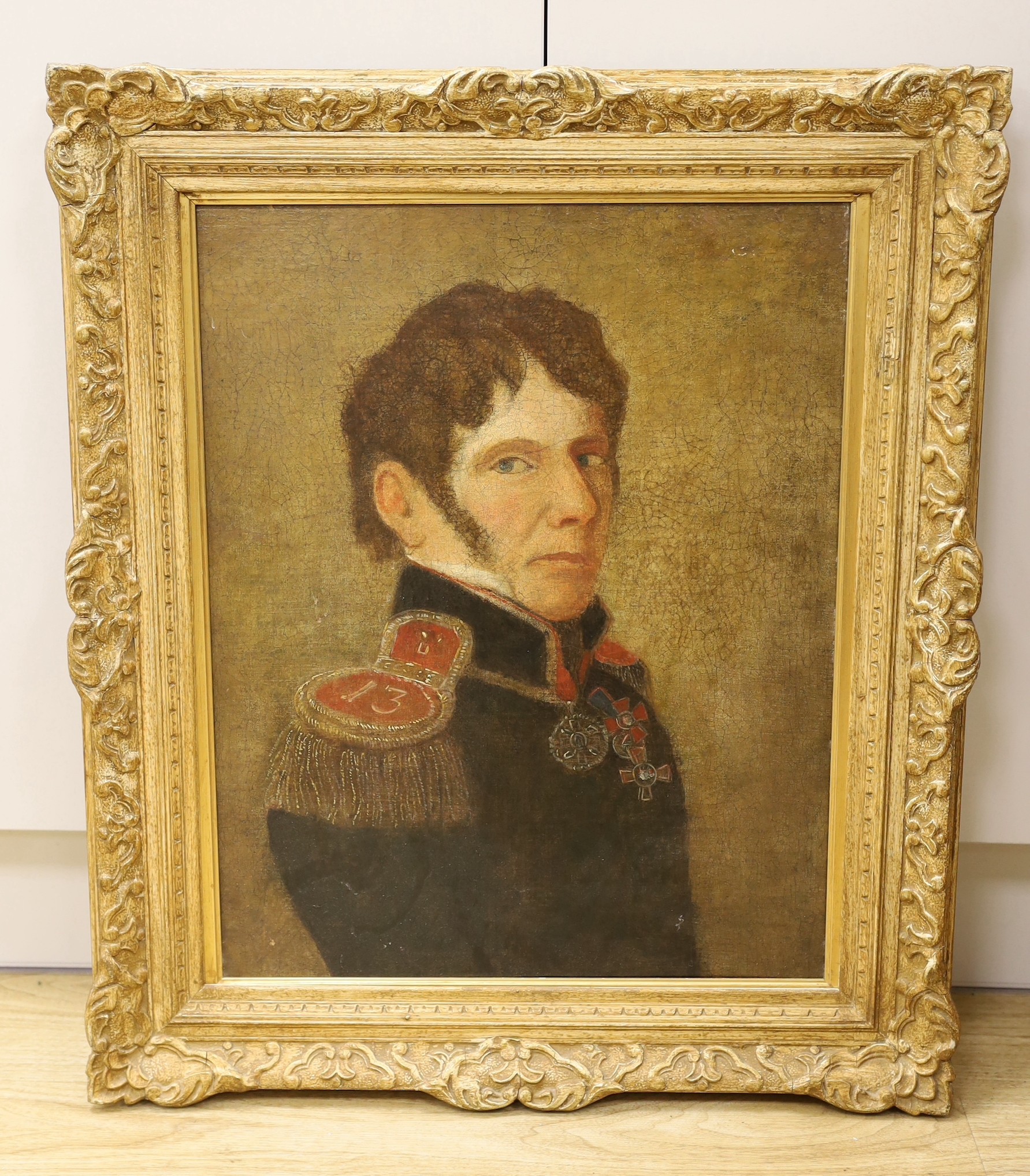 19th century French School, oil on canvas, Portrait of an army officer wearing several - Image 2 of 3