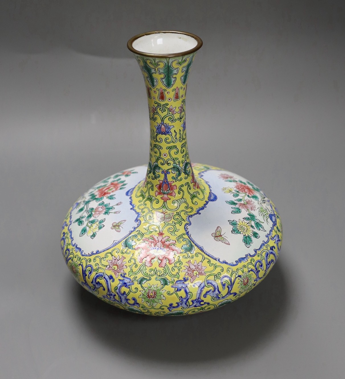 A Chinese Canton enamel yellow ground vase, 25cm - Image 2 of 5