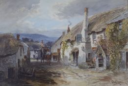 Alfred Leyman (1856-1933), watercolour, Mail coach approaching a village inn, 36 x 54cm