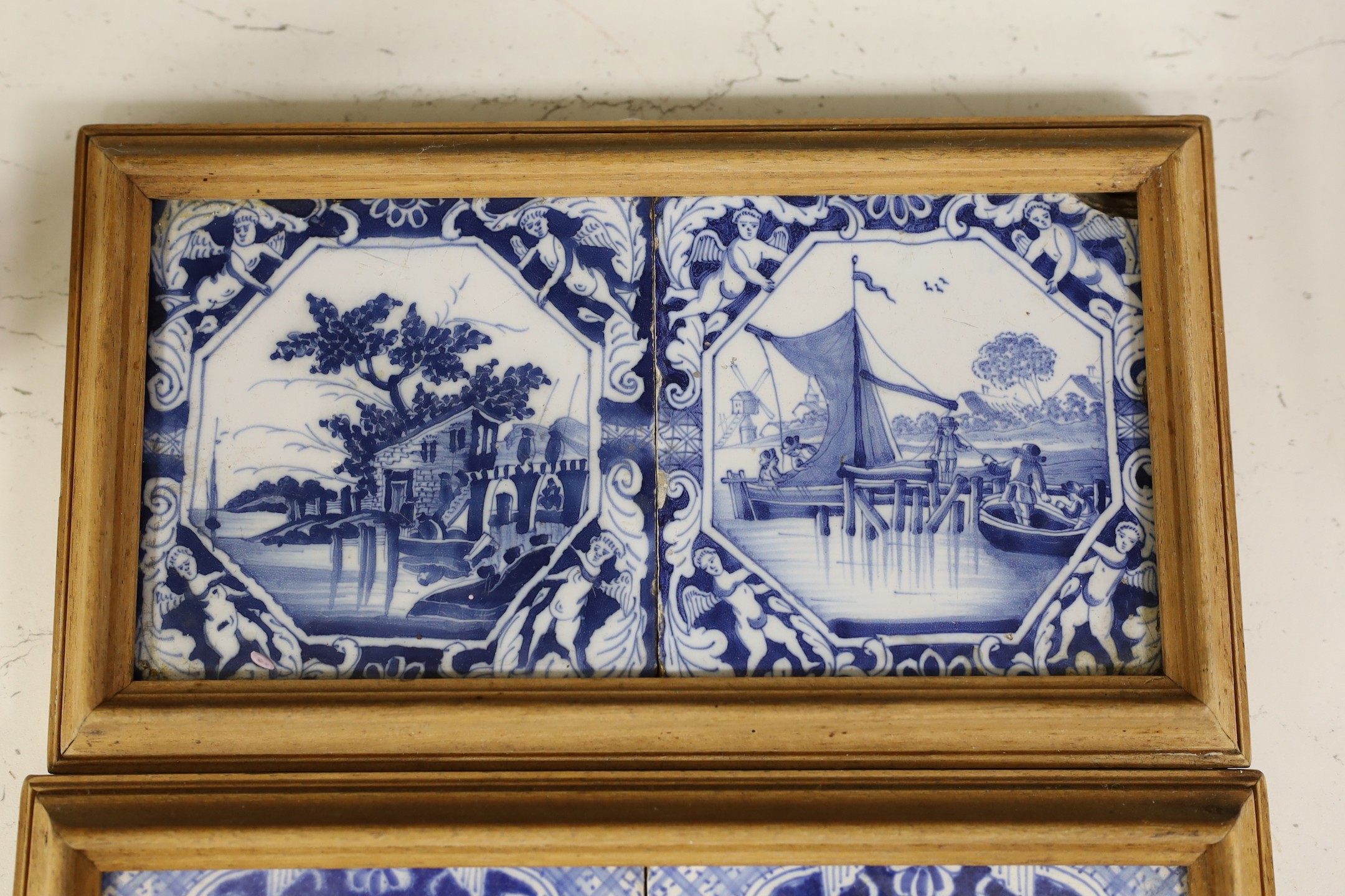 Three pairs of Delft blue and white ‘landscape’ tiles, 18th/19th century, in double frames - Image 4 of 4