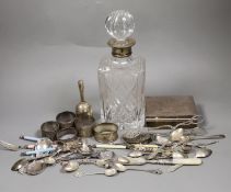 Mixed silver items etc. including a modern silver collared glass decanter, cigarette box, 800