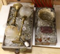 A quantity of various glass lustre drops, a pair of lamps etc.