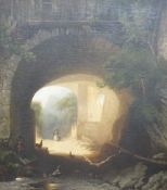 19th century French School, oil on canvas, Figures beneath an archway, 74 x 66cm