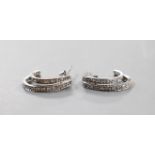 A modern pair of 375 white metal and diamond set two row half hoop earrings, 15mm, gross 2.1 grams.