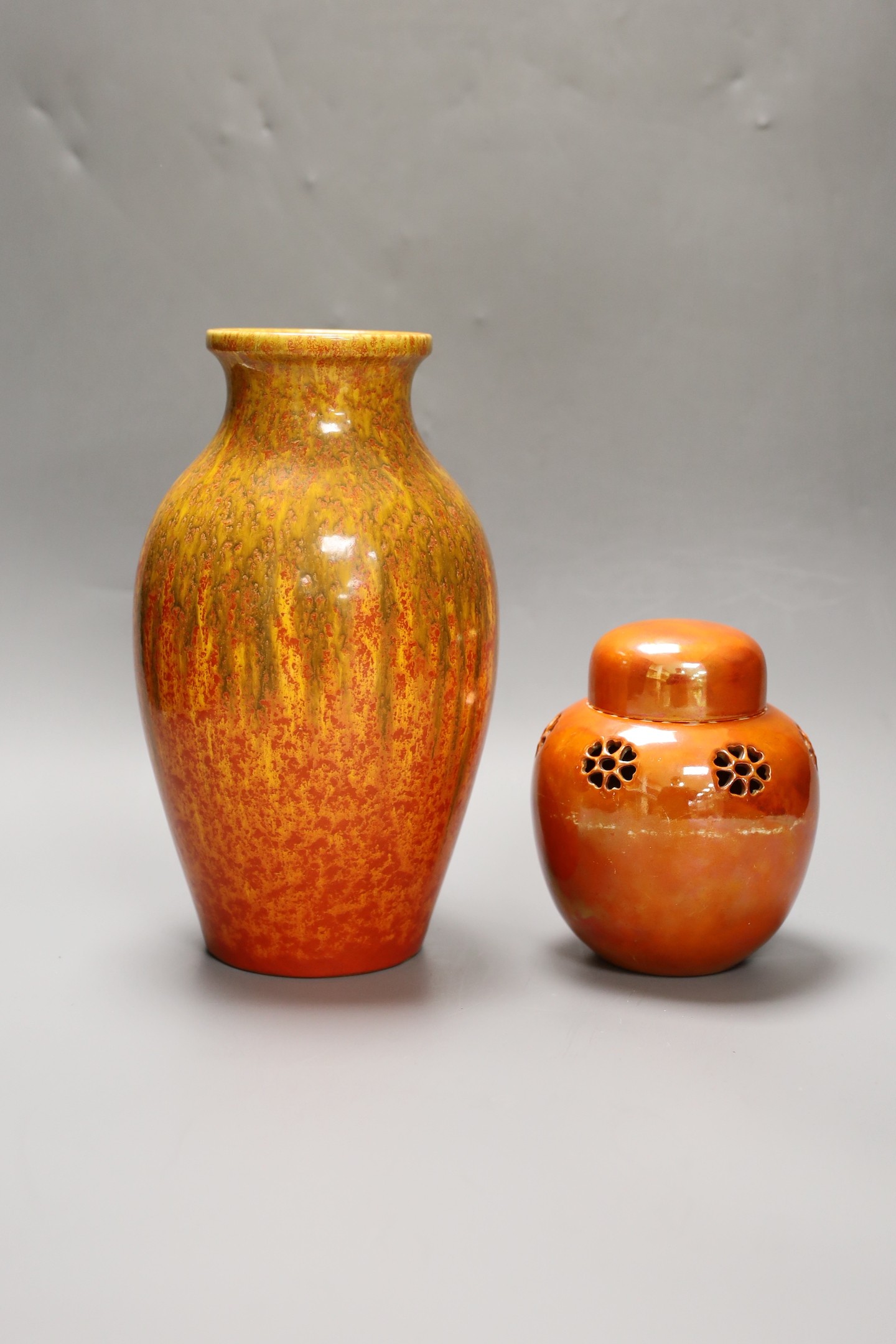 A Pilkington‘s Royal Lancastrian mottled orange ground vase and a Ruskin Orange lustre jar and - Image 2 of 4