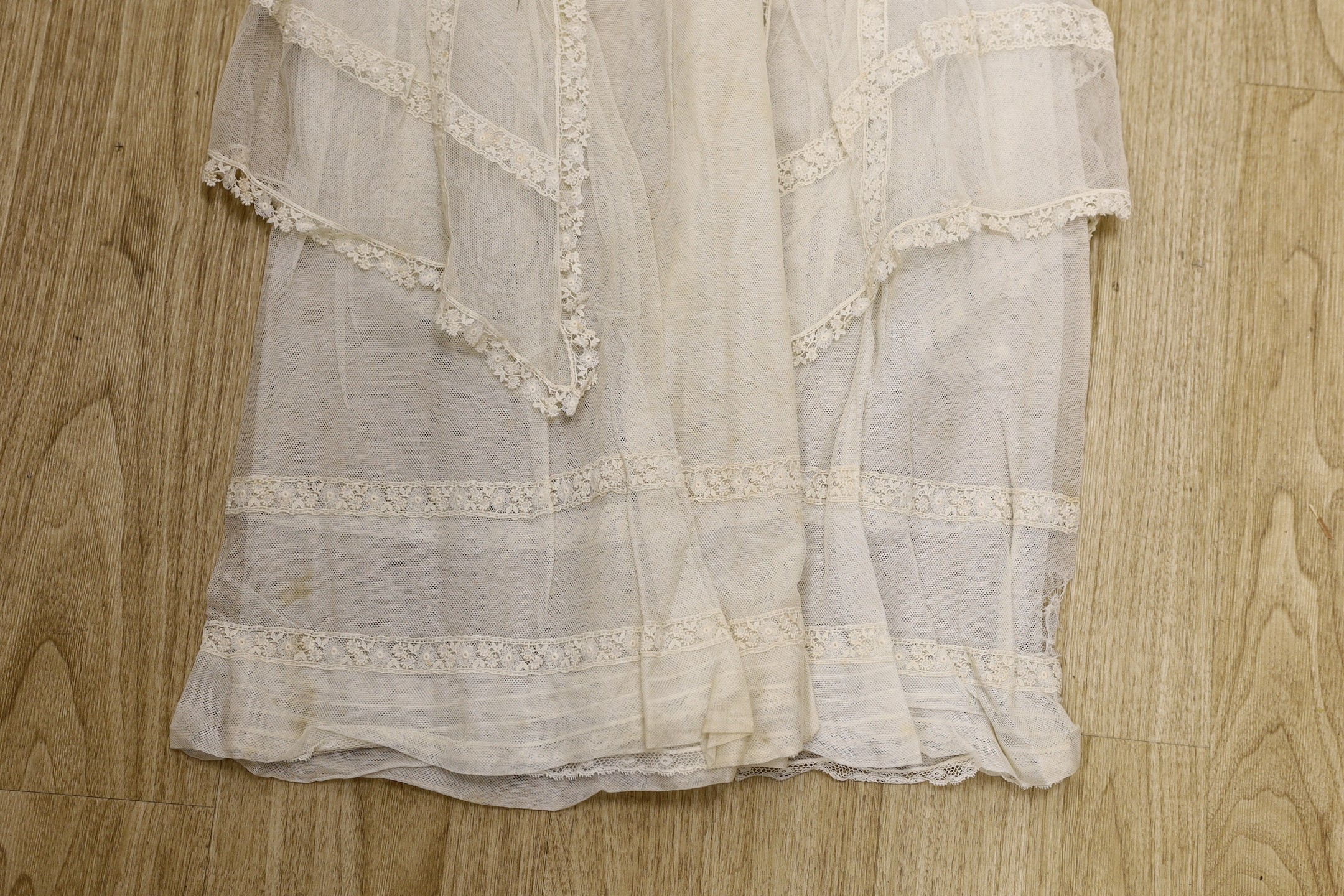 A young girl's 1920's-30's cream net and lace trimmed confirmation dress, - Image 2 of 4