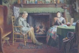 Henry Spernon Tozer (1854-1938), watercolour, Cottaqe interior with elderly couple beside the