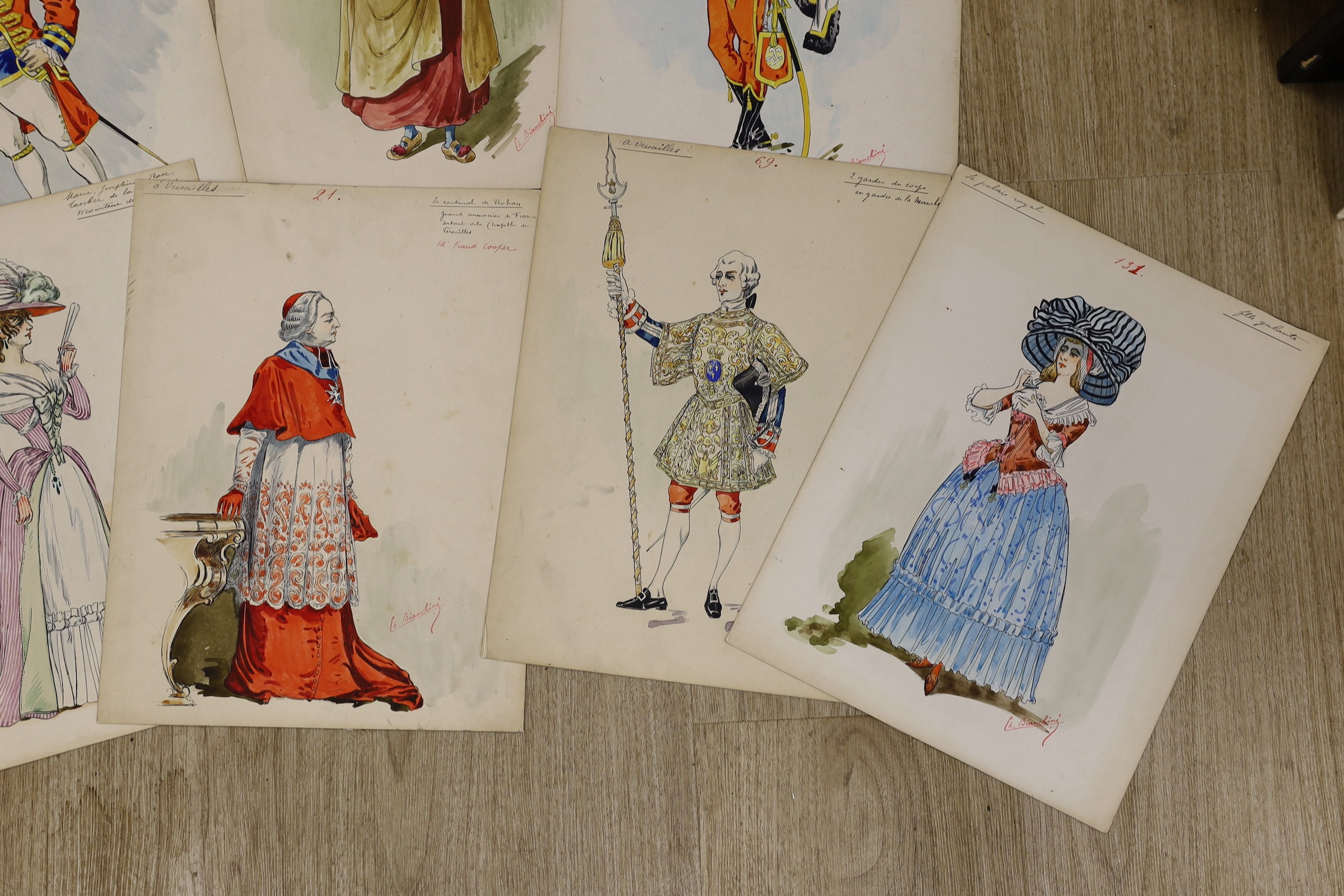 Charles Bianchini (1860-1905), eight ink and watercolour costume designs for The Royal Necklace, - Image 4 of 4