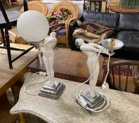 A pair of Art Deco style resin figural lights (lacking one globe), height 55cm