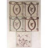Four Delft manganese neo-classical ‘love bird’ tiles and a similar ‘dove’ tile, late 18th century (