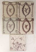 Four Delft manganese neo-classical ‘love bird’ tiles and a similar ‘dove’ tile, late 18th century (
