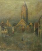 Late 19th century French School, oil on canvas, Figure before a church at twilight, indistinctly