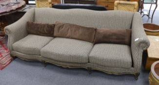 A large Louis XV style scroll arm sofa upholstered in a tweed type fabric, length 240cm, depth 96cm,