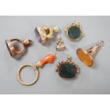 Six assorted late 19th/early 20th century gem set fob seals, including yellow metal overlaid with