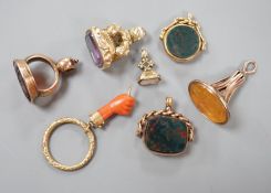 Six assorted late 19th/early 20th century gem set fob seals, including yellow metal overlaid with