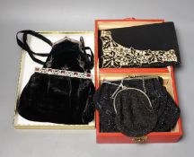 A 19th century cut steel, black velvet bag, a 1940’s-50’s diamanté handled clutch bag, 1930’s