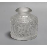 A Lalique Les Enfants pattern glass jar and cover. 30cm tall