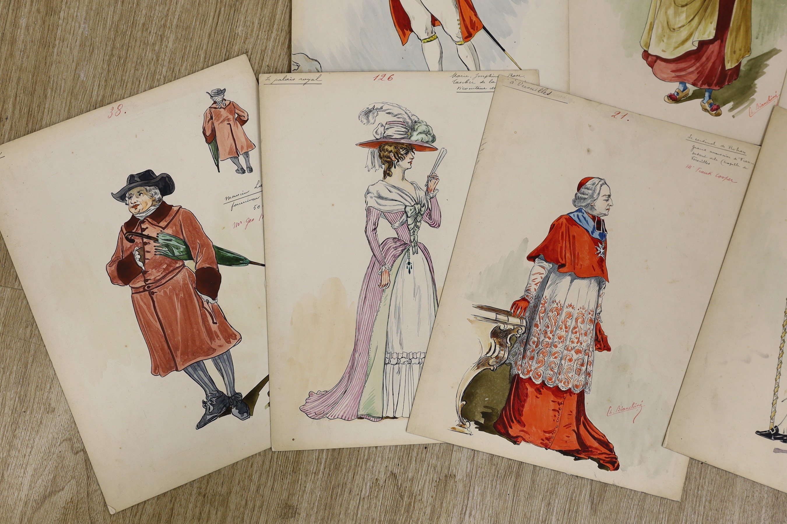 Charles Bianchini (1860-1905), eight ink and watercolour costume designs for The Royal Necklace, - Image 2 of 4