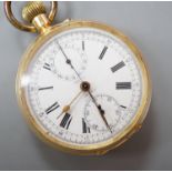 An early 20th century continental 18k open faced chronograph pocket watch, retailed by Hyland,
