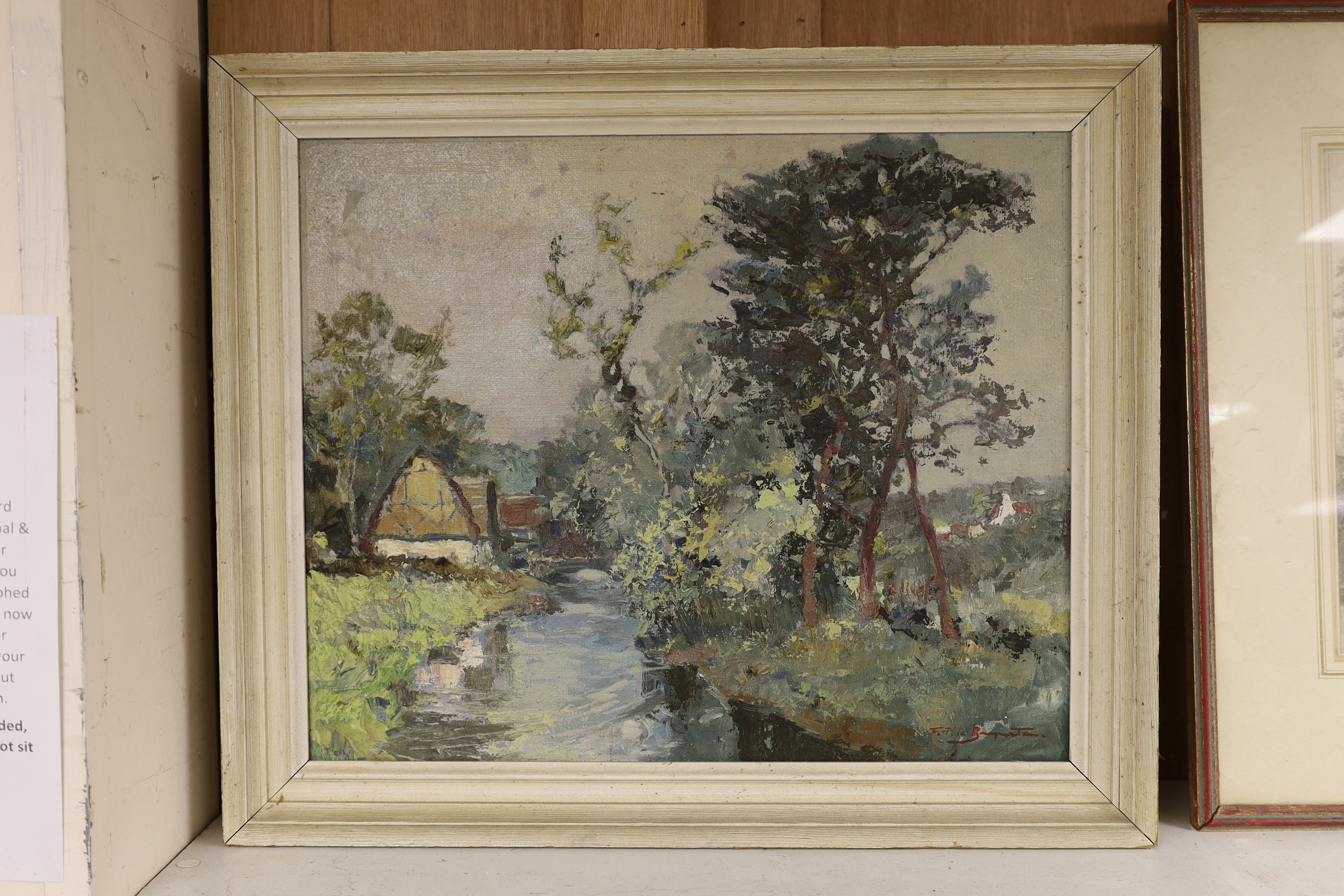 Francesco Pablo de Besperato (Czech, 1900-1963), oil on canvas, Tree lined canal, signed, 40 x 48cm - Image 2 of 3
