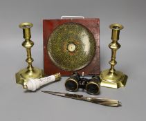 A pair of George III style brass candlesticks, southern European knife, a pair of opera glasses