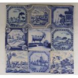 Nine various Delft blue and white landscape or animal tiles, 18th/19th century