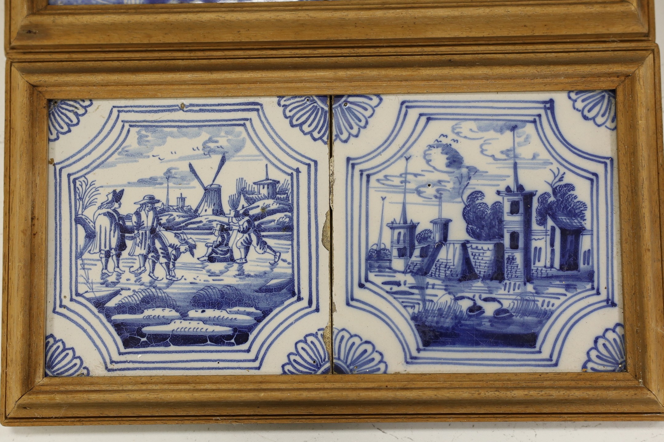 Three pairs of Delft blue and white ‘landscape’ tiles, 18th/19th century, in double frames - Image 2 of 4