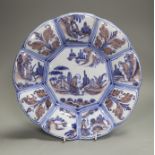 A Delft manganese and blue kraak style dish, c.1700, 30cm