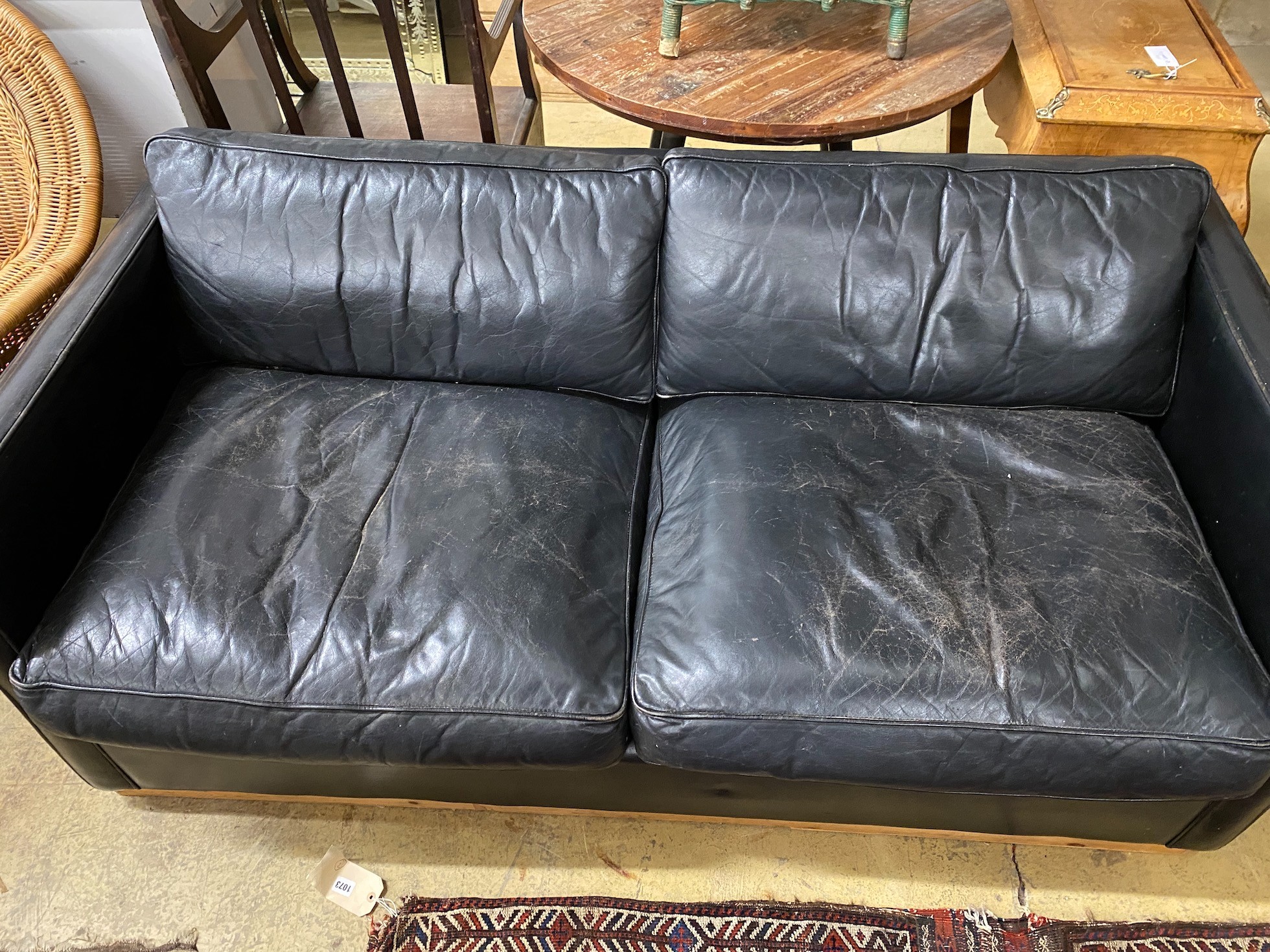 A black leather upholstered two seater settee, length 172cm - Image 2 of 2