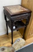 A 19th century Chinese marble inset hardwood jardiniere stand, width 42cm, height 87cm
