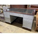A mid 20th century mahogany pedestal desk, later painted grey, width 152cm, height 90cm