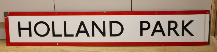 A London Underground enamel frieze panel sign, for Holland Park, 132 cms long, by J. Bruton and
