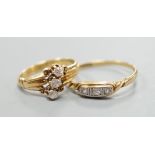 Two early 20th century 18ct and three stone diamond rings, sizes I and R/S gross weight 5.1 grams.