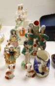 Eight Staffordshire figures and a Toby jug