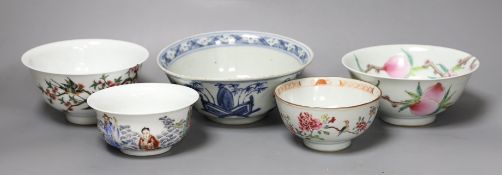 Five Chinese porcelain bowls, one blue and white and three with enamelled decoration, largest 18