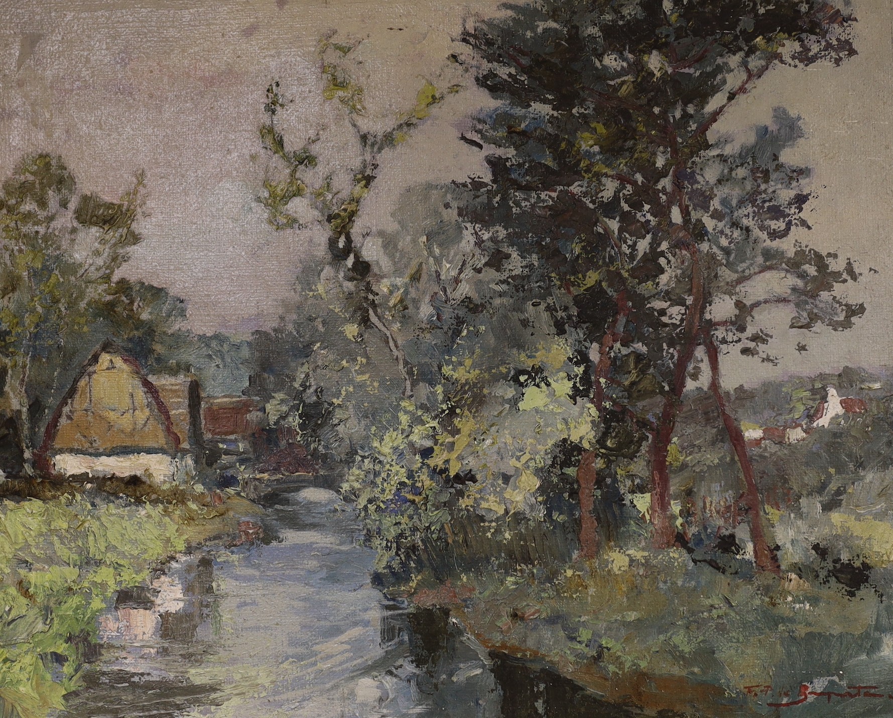 Francesco Pablo de Besperato (Czech, 1900-1963), oil on canvas, Tree lined canal, signed, 40 x 48cm