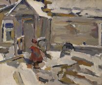 1960's Russian School, oil on card, Figures in the snow, inscribed and dated verso, 40 x 47cm