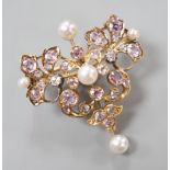 An early 20th century yellow metal, diamond, cultured pearl and pink topaz? cluster set pendant