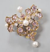 An early 20th century yellow metal, diamond, cultured pearl and pink topaz? cluster set pendant