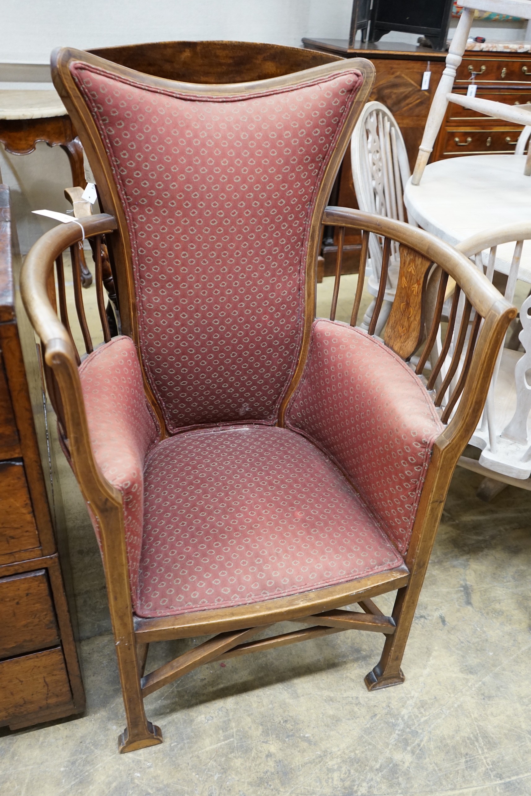 An Edwardian Art Nouveau Mackintosh style inlaid tub framed armchair, width 70cm, depth 50cm, height