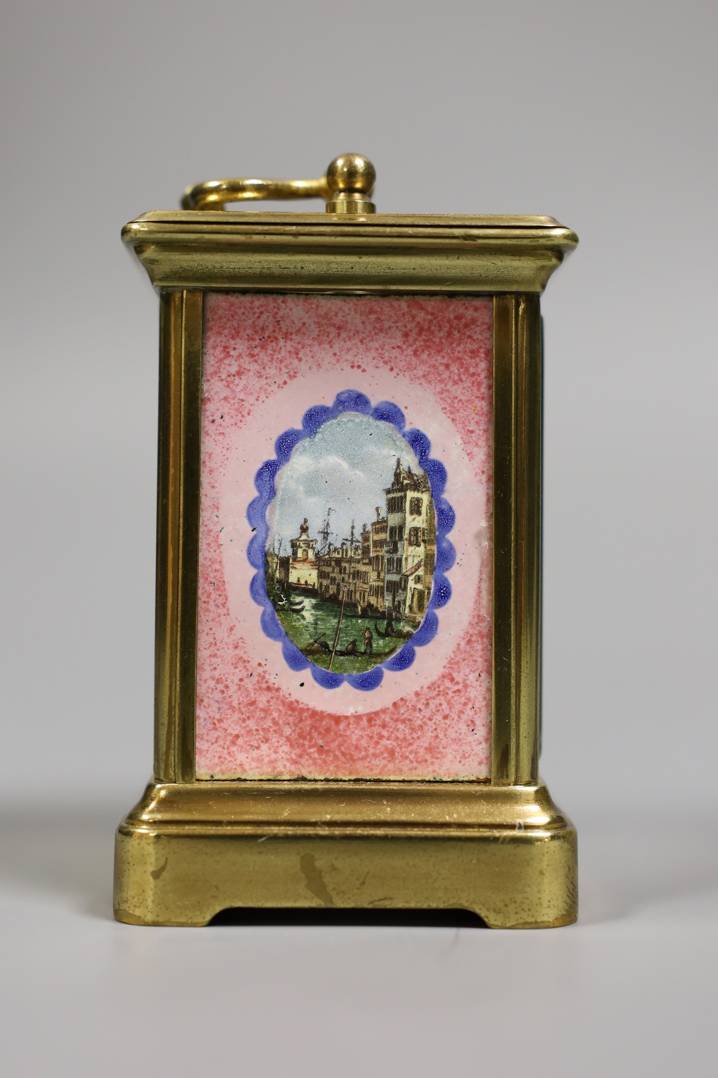 A miniature carriage timepiece, with enamelled side panels of Venice, 8 cms high, - Image 4 of 5