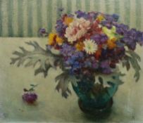 Manner of Diana Maxwell Armfield, oil on board, Still life of a vase of flowers, bears initials,