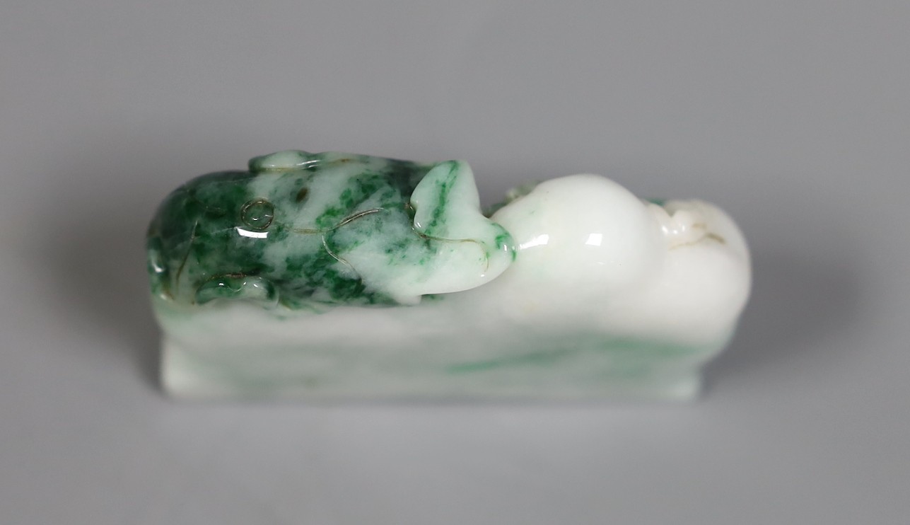 A Chinese jadeite Budai reclining figure, 6 cms wide, - Image 3 of 4