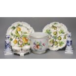 A pair of Meissen onion pattern candlesticks, 14 cm high, a Berlin figural salt, two Nove maiolica