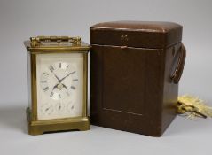 Matthew Norman brass carriage calendar clock and case, 13 cms high not including box,
