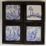 Four Delft blue and white landscape tiles, 18th century, each individually framed